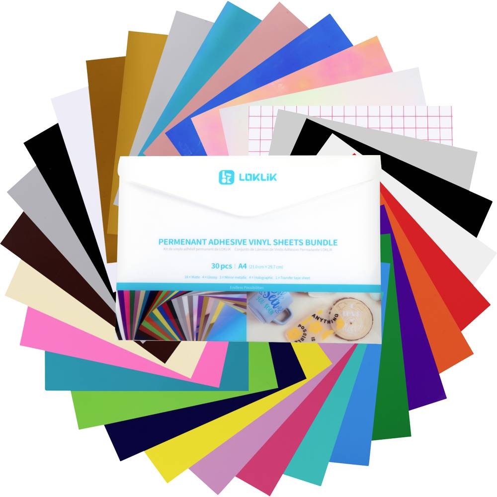 A vibrant assortment of 30 adhesive vinyl sheets in various colors, including gold, silver, pink, blue, and black, neatly arranged around a white packaging envelope.