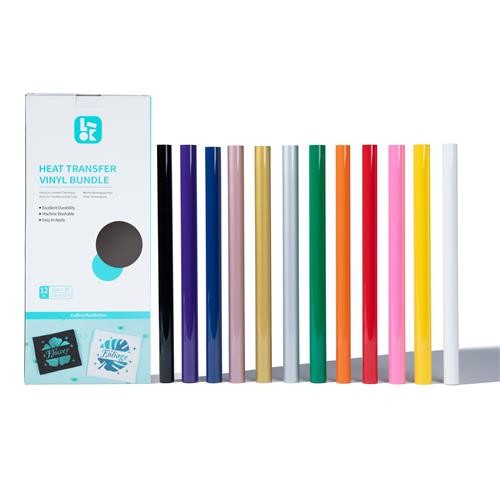 Colorful heat transfer vinyl bundle featuring 12 rolls in various shades including black, blue, red, pink, gold, and white, packaged in a sleek box with brand logo.