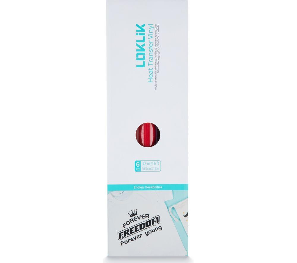 Red heat transfer vinyl roll in a sleek white and turquoise packaging, featuring the Loklik logo and details about the product size and usage.