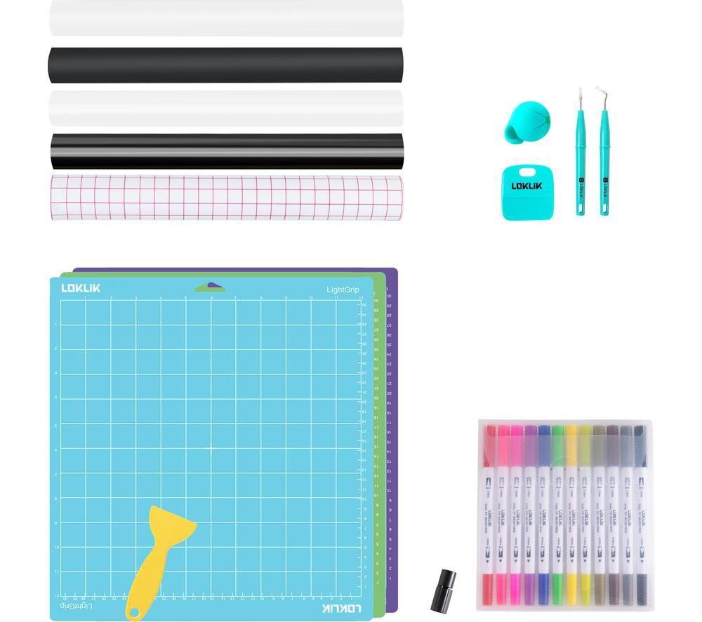 Heat transfer vinyl roll in black and white, smooth texture, accompanied by a teal cutting mat, tools, and colorful markers, ideal for crafting and design projects.