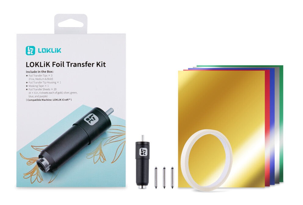 Craft cutting machine supply kit includes a black foil transfer tool, four colorful foil sheets (gold, silver, green, and blue), and a roll of adhesive tape.
