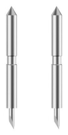 Two silver metal craft cutting machine blades with pointed tips, designed for precision cutting, featuring a sleek and sturdy design for enhanced durability.