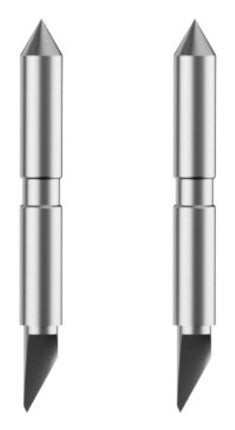 Two metallic craft cutting machine blades, each with a pointed tip and a cylindrical body, designed for precision cutting, showcasing a sleek silver finish.