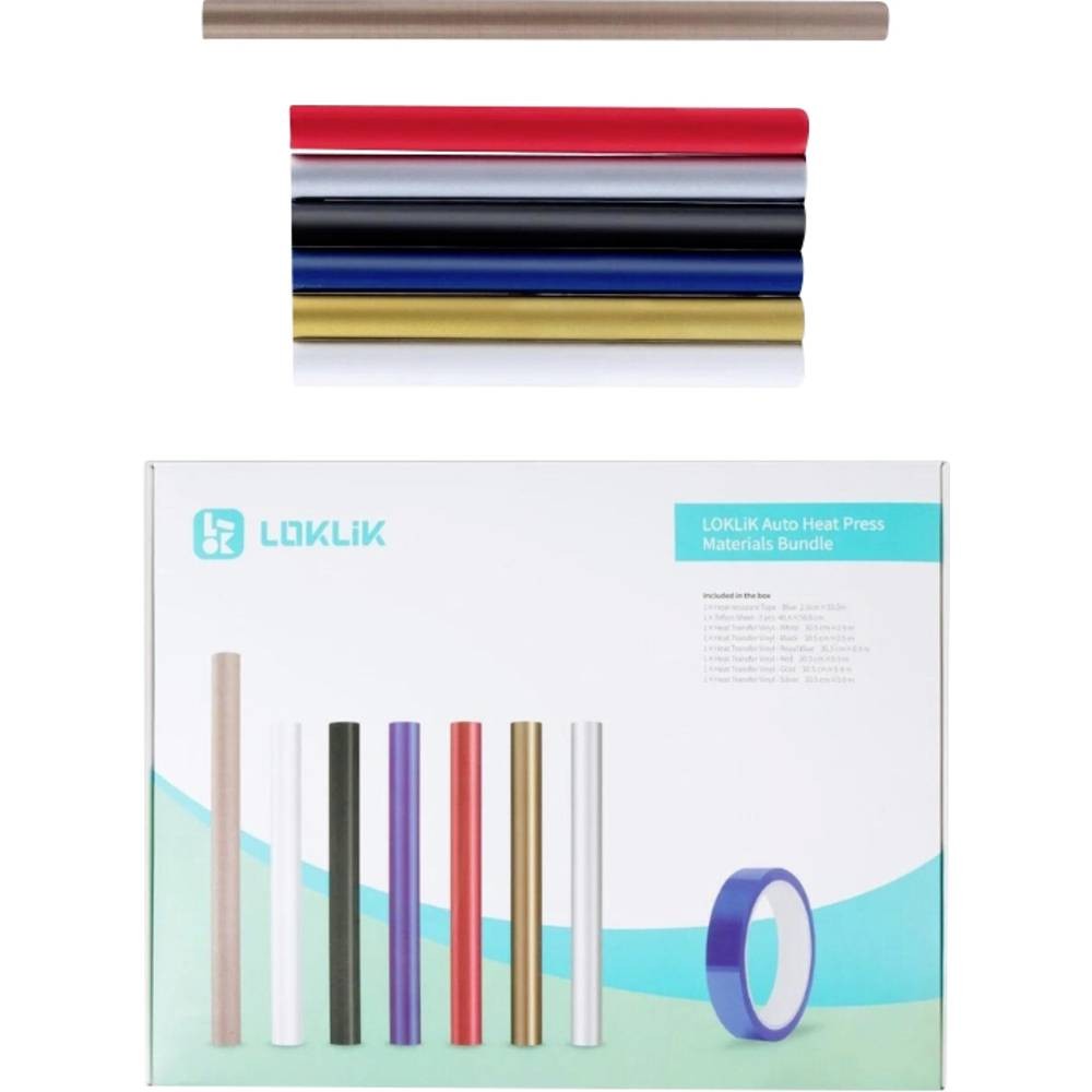 Heat transfer vinyl bundle by Loklik featuring various colors including gold, red, blue, silver, and black, with a glossy finish, packaged in a white box with product details.