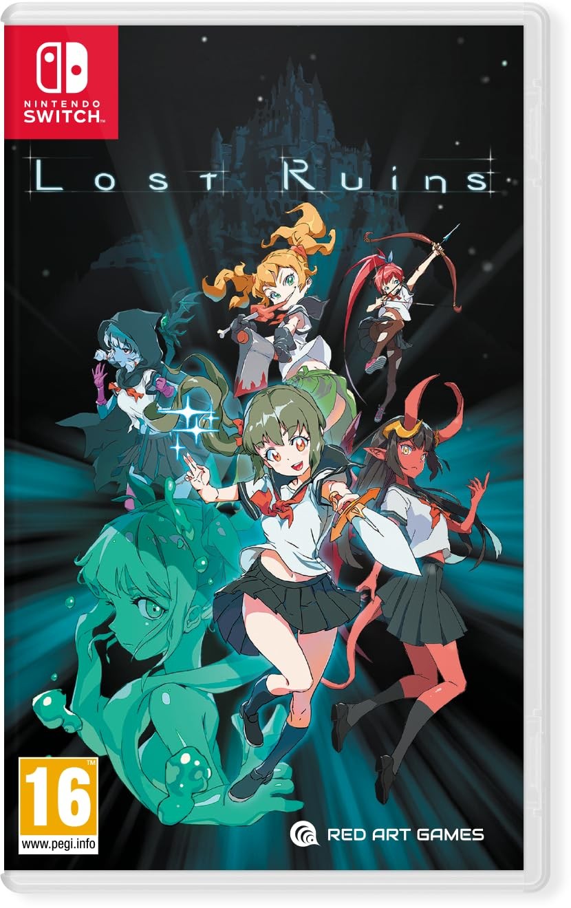 "Lost Ruins for Nintendo Switch features vibrant anime-style artwork with six characters, including a girl in a school uniform and a green-haired character, set against a dark, mystical background."