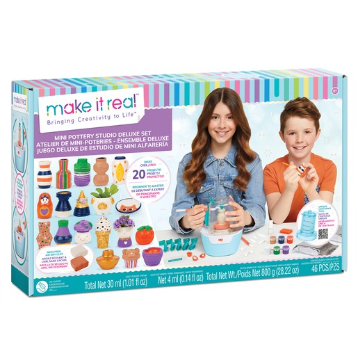 Colorful "Make It Real Mini Pottery Studio Deluxe Craft Set" box featuring two children, various clay shapes, tools, and vibrant accessories for creative pottery-making.