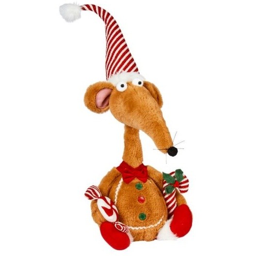 A plush rat in a gingerbread theme, featuring a brown body, red and white striped hat, green buttons, and holding a candy cane and a peppermint stick.