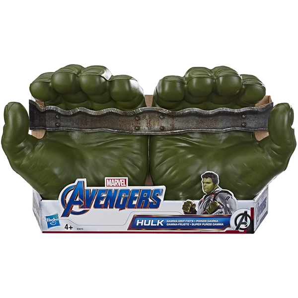 Green foam fists resembling Hulk's hands, featuring a silver metal-like band across the knuckles, packaged with Marvel Avengers branding, suitable for ages 4 and up.
