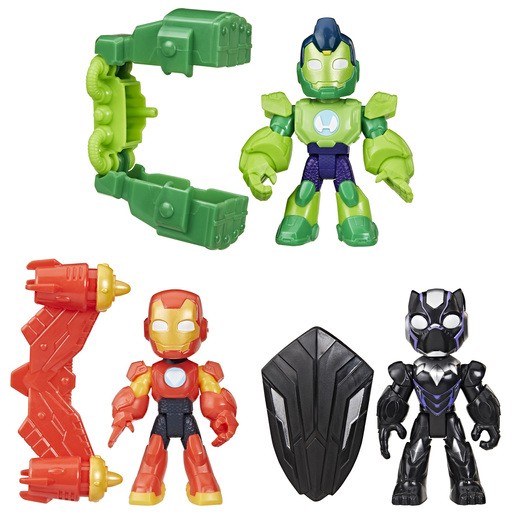 Three 3-inch Marvel figures: a green Iron Man with blue accents, an orange and red armored figure, and a black and silver character holding a shield, all with cartoonish designs.