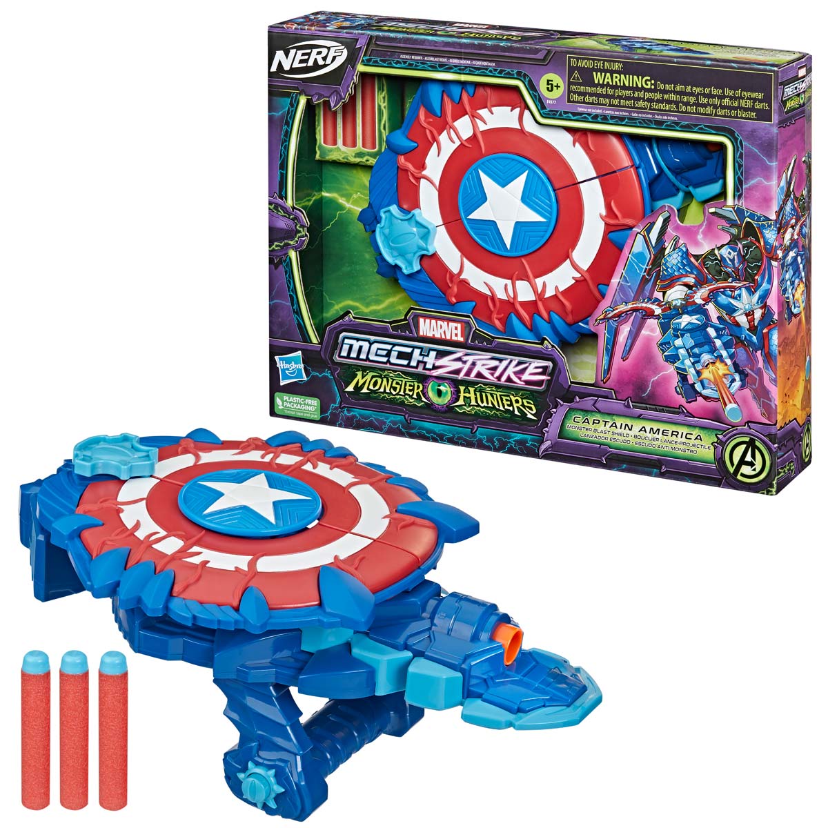 Captain America-themed Nerf shield in red, white, and blue, featuring a star design, with three foam darts and a colorful box displaying Marvel Mech Strike branding.