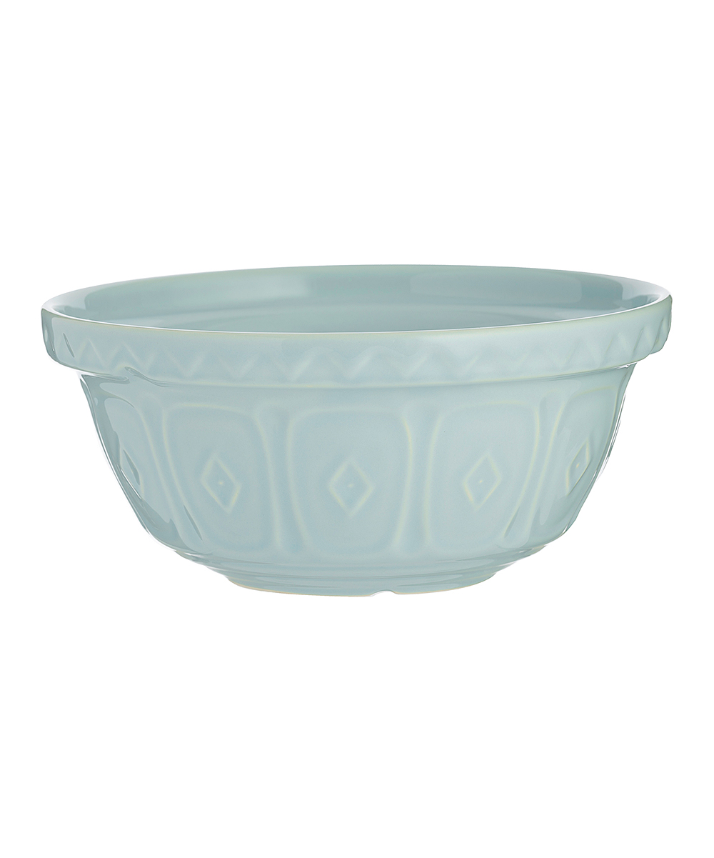Powder blue ceramic mixing bowl by Mason Cash, featuring a textured diamond pattern and a 2.15-quart capacity.