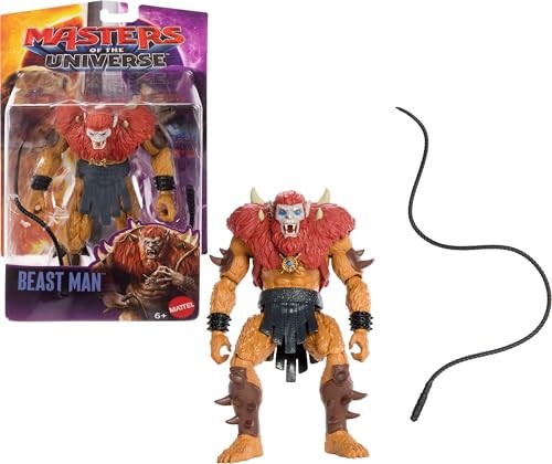 Beast Man action figure features a muscular build, orange skin, brown fur, and a black skirt, complete with a whip and packaged in colorful Masters of the Universe branding.