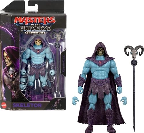 6.5-inch Skeletor action figure in blue skin with a purple hooded cape, detailed armor, and a black and silver Havoc Staff, displayed in a colorful packaging box.