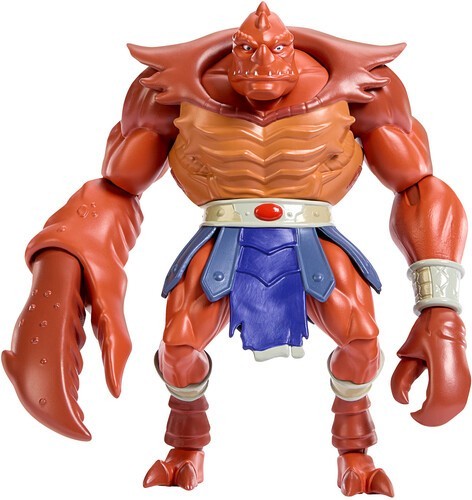 Masters of the Universe Origins CLAWFUL figure features a muscular red and brown body, large claw-like left hand, blue skirt, and a silver belt with a red gem.