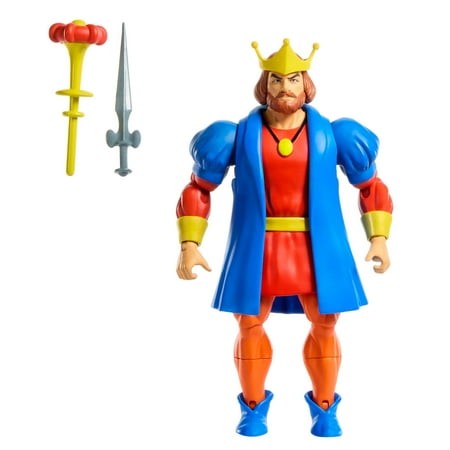 Masters of the Universe King Randor action figure features a blue robe, orange pants, and a golden crown, accompanied by a yellow mace and a silver sword.