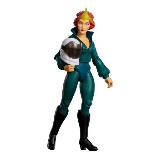5.5-inch action figure of Queen Marlena from Masters of the Universe, featuring a green jumpsuit, red hair, a golden crown, and holding a white helmet, with black knee-high boots.