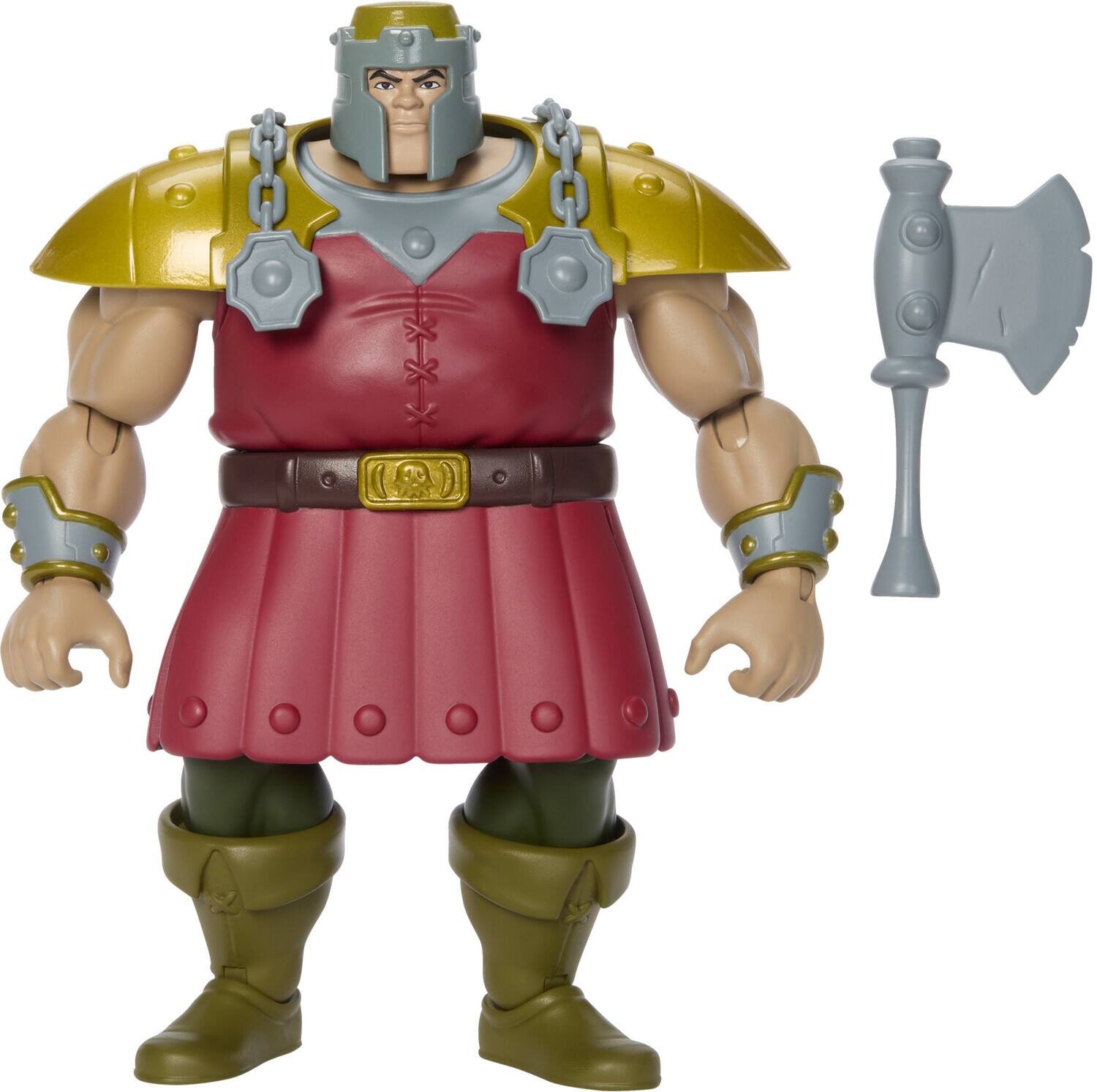 Masters of the Universe Ram Man action figure features a muscular build, wearing a red tunic, gold shoulder armor, and gray accessories, with a gray axe included.