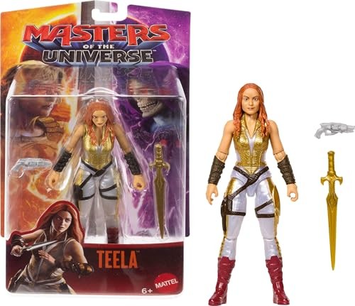 Teela action figure features a detailed design with red hair, a gold and white outfit, red boots, and comes with a sword, displayed in a colorful packaging with vibrant artwork.