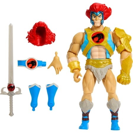 Masters of the Universe ThunderCats Lion-O action figure features a muscular design with red hair, blue and gold armor, a sword, and interchangeable accessories including a hand and feet.