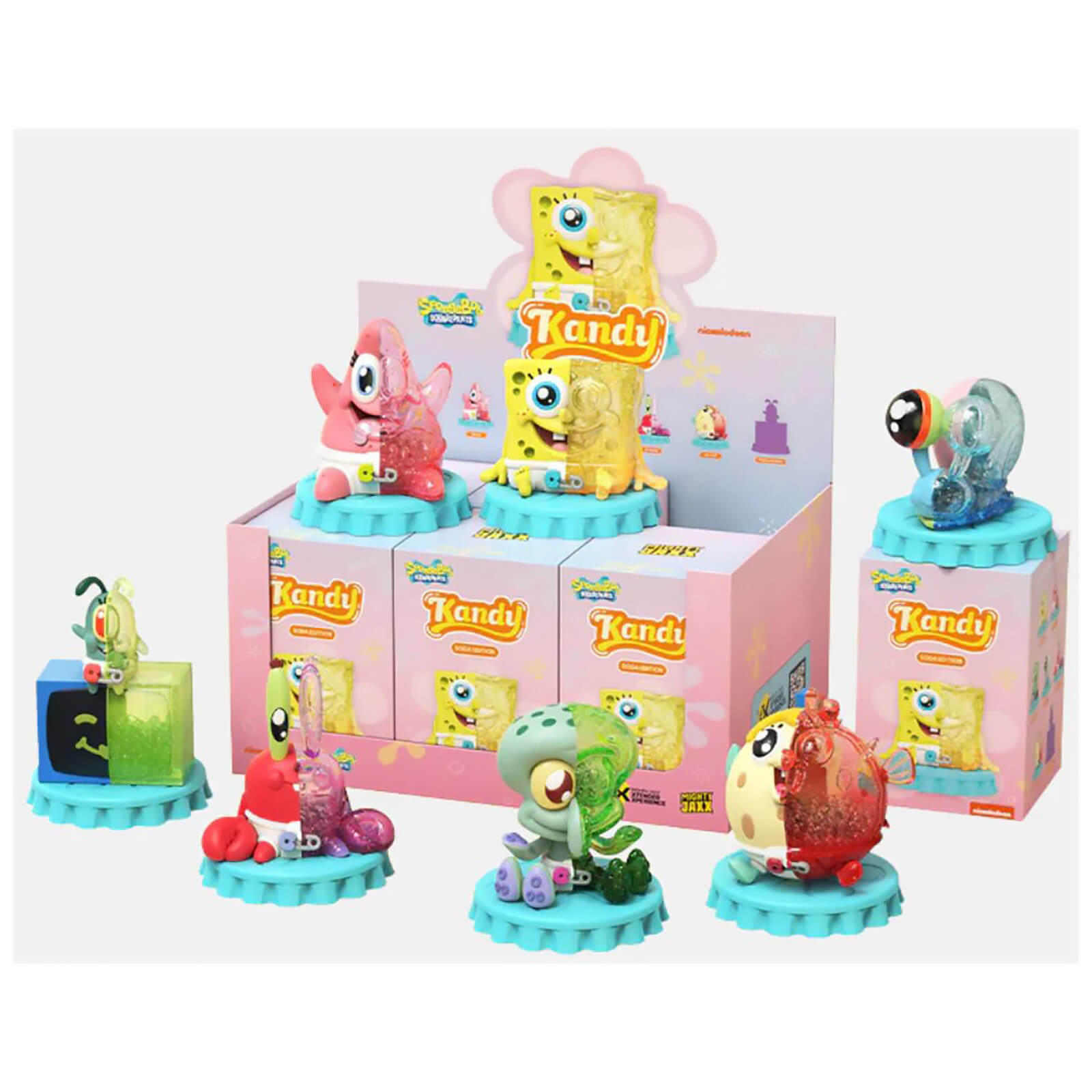 Colorful vinyl figures inspired by Spongebob, featuring various characters in playful poses, displayed on turquoise bases with a pink box in the background.