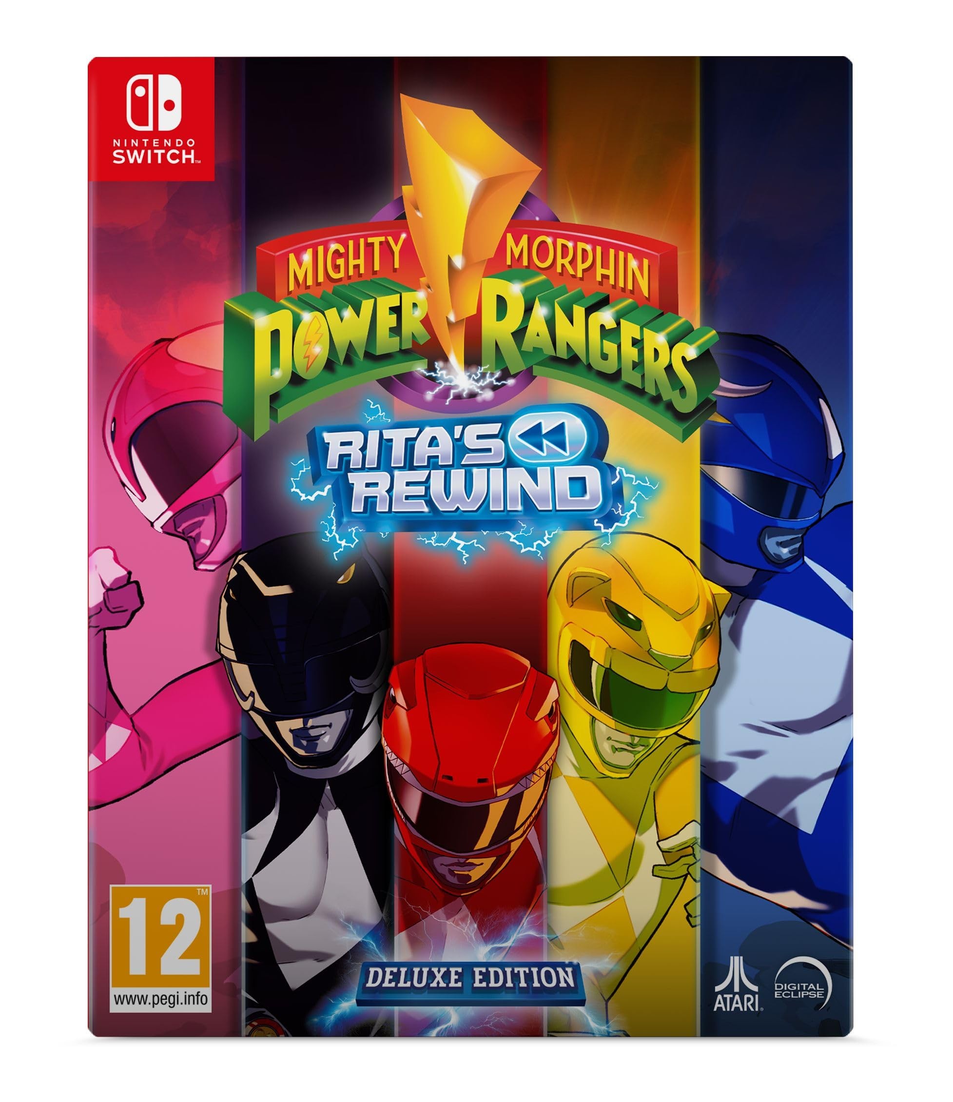 Colorful game cover featuring the Mighty Morphin Power Rangers logo, with vibrant illustrations of red, blue, black, yellow, and pink Rangers, and the title "Rita's Rewind Deluxe Edition."