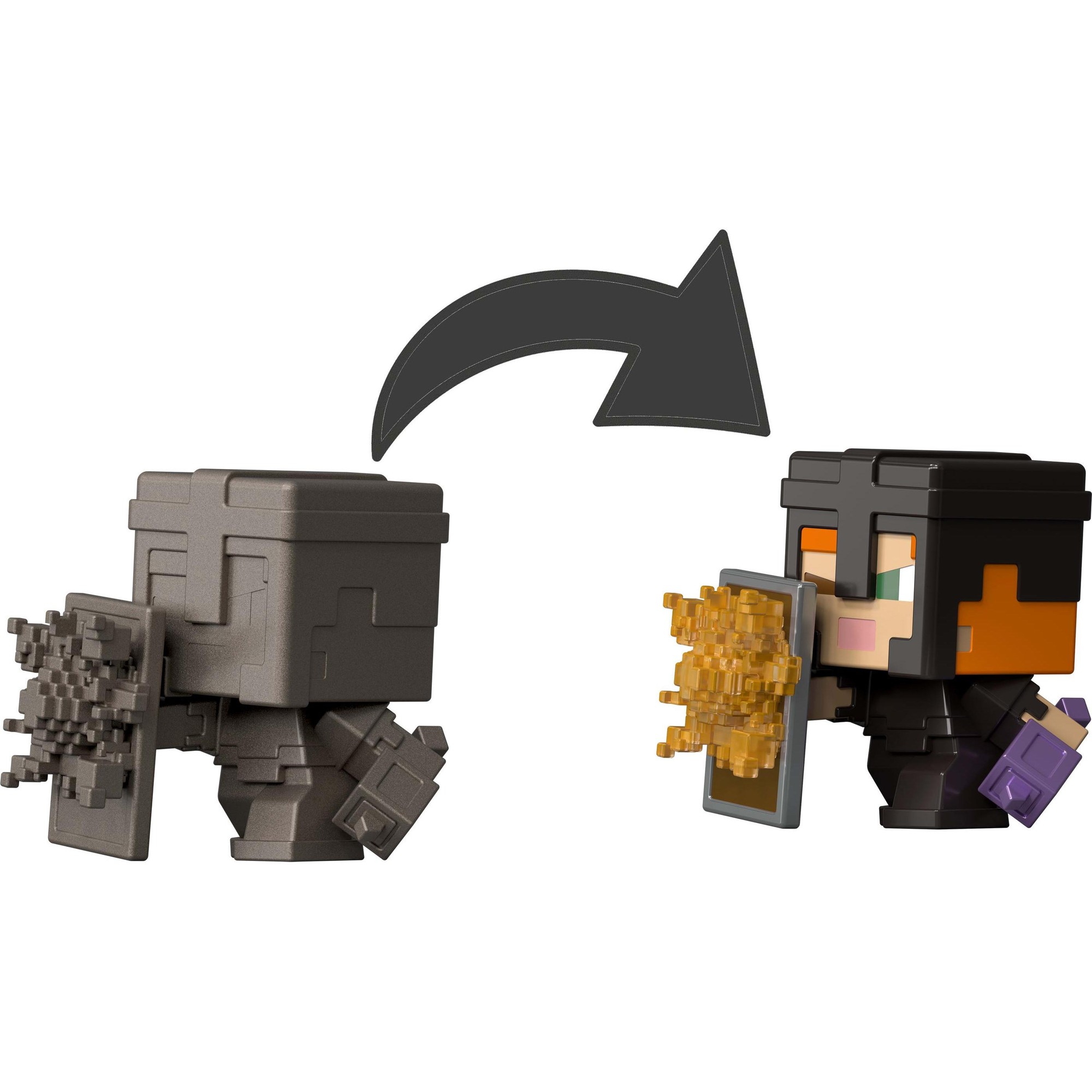 Minecraft Alex mini figure in black and orange, holding a potion brewing accessory, features pixelated design and movable parts for interactive play.