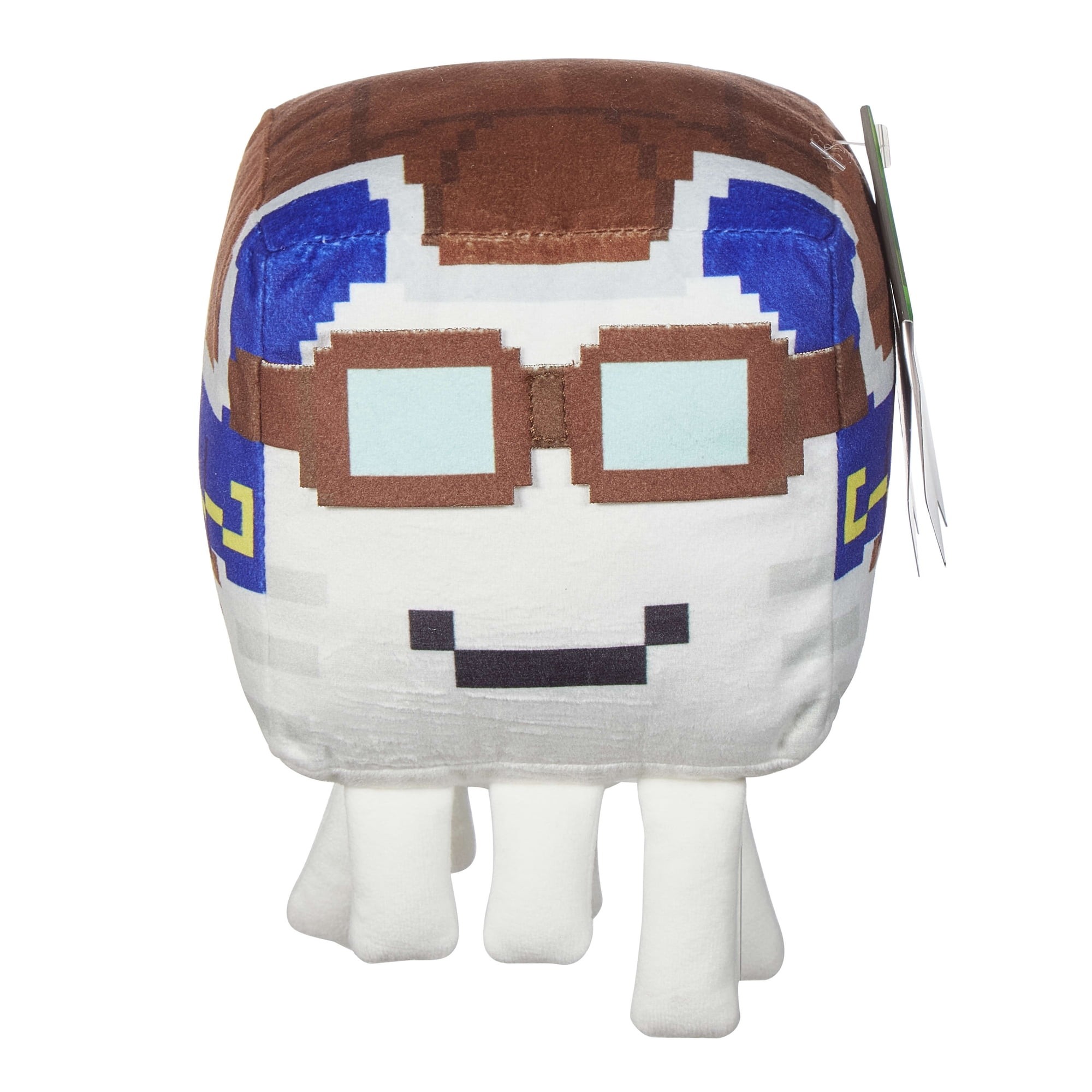 Soft 8-inch plush toy of a happy Ghast from Minecraft, featuring a pixelated design with a white body, brown and blue accents, and four white tentacle-like legs.