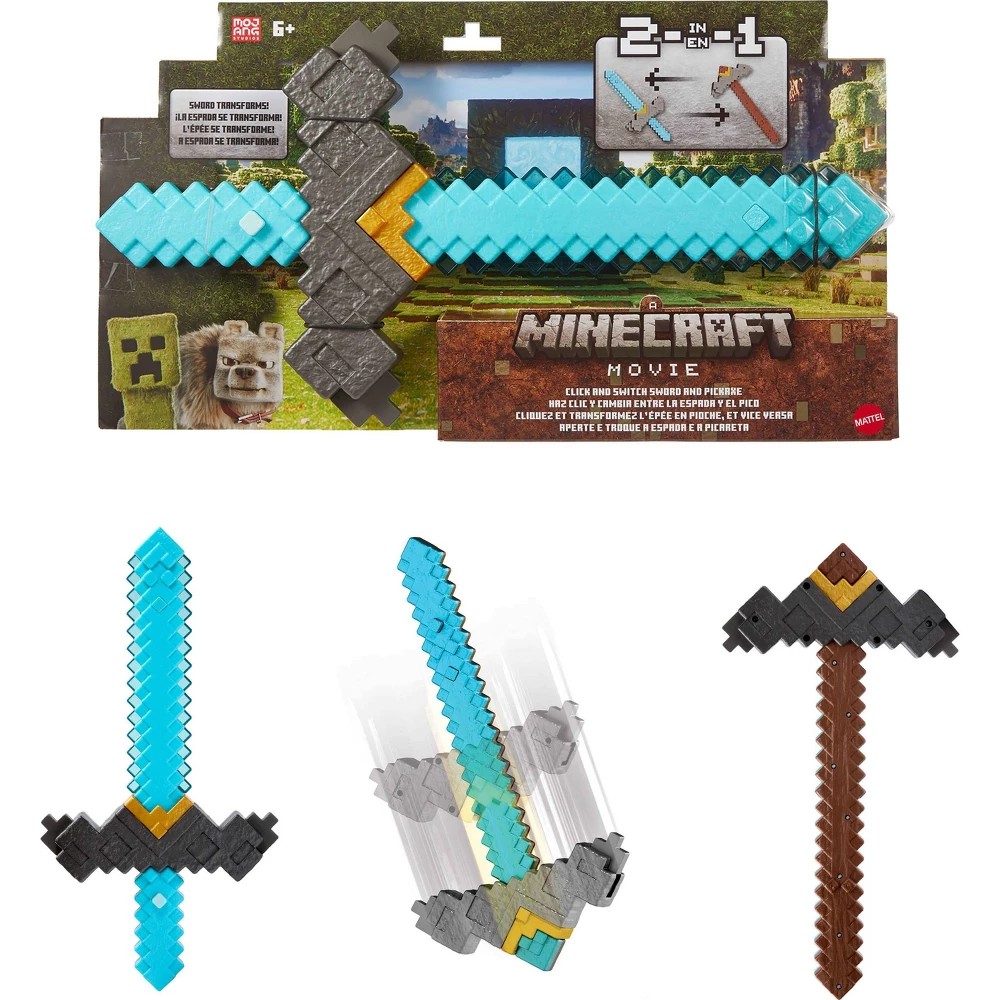 Minecraft 2-in-1 role-play toy featuring a blue and gray sword and pickaxe, made of durable plastic, with pixelated designs and interchangeable parts, inspired by the movie.