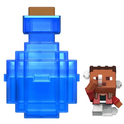 Blue translucent potion bottle alongside a Minecraft action figure with brown skin and a red jacket, featuring a surprised expression and white pixelated details.