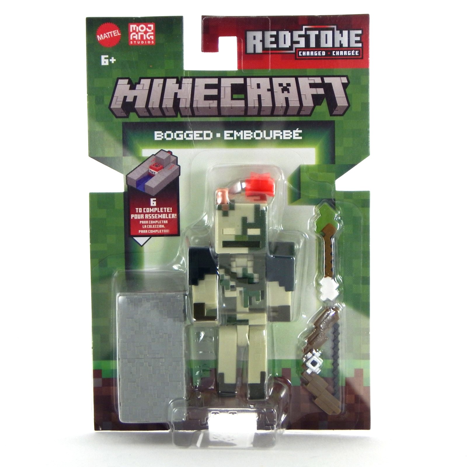 Minecraft Bogged Action Figure set featuring a 3.25-inch collectible toy in camouflage with a red cap, includes a building piece and an accessory bow.