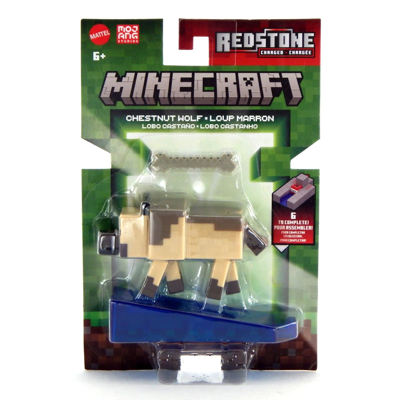 Chestnut Wolf action figure in a plastic packaging, featuring a beige and brown wolf with movable legs, accompanied by a blue accessory, set against a green Minecraft-themed background.