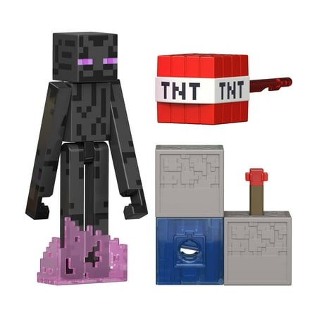 Black Enderman action figure with purple eyes, standing on a pink block, accompanied by a red TNT block and two gray building pieces with blue and red details.