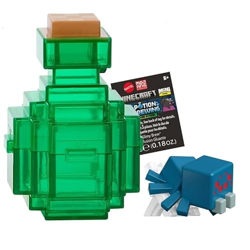 Green potion bottle with a square top, accompanied by a blue spider figure with red spots, set against a black card featuring Minecraft branding.