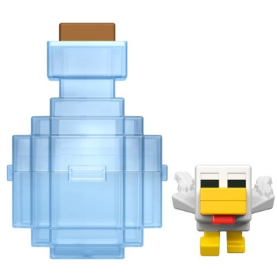 Clear blue potion bottle alongside a small white chicken figure with yellow feet and a red beak, designed for Minecraft's Mini Mode Potion Brewing set.