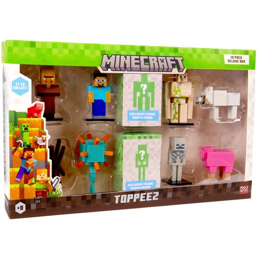 Ten Minecraft Topeez figures in various colors, including Steve, a sheep, and a skeleton, packaged in a clear box with green and brown accents, featuring game-themed graphics.