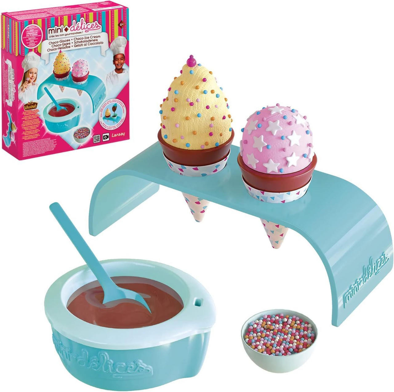 Colorful ice cream cones in pink and yellow with sprinkles, a blue stand, a chocolate bowl with a spoon, and a small bowl of colorful sprinkles, all presented with a product box.