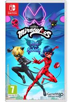 Colorful game cover featuring characters Ladybug and Cat Noir in action poses, with a purple villain silhouette and various cat-themed icons above them, set against a vibrant blue background.