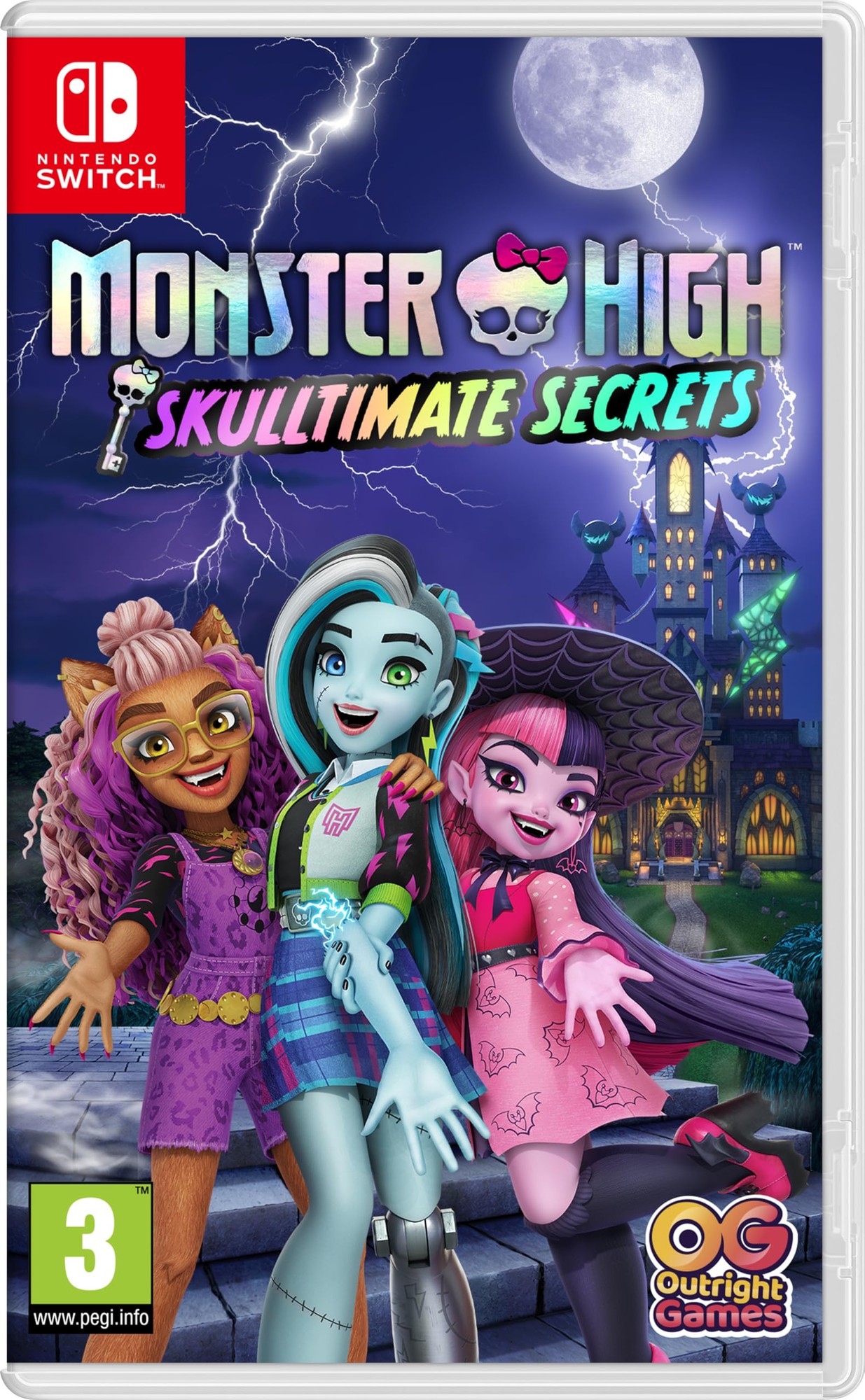 Colorful video game cover featuring three stylized characters from Monster High, with vibrant backgrounds, lightning, and a spooky mansion, designed for Nintendo Switch.