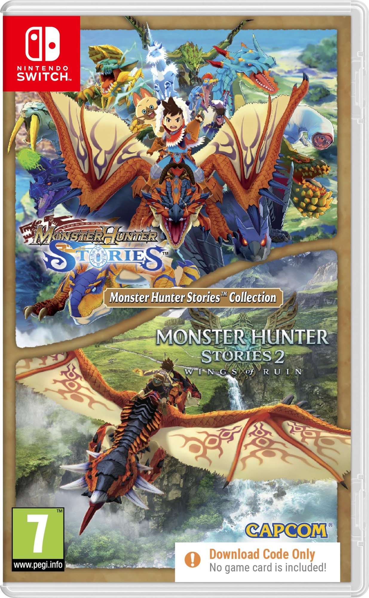 Nintendo Switch game case featuring vibrant artwork of characters riding dragons, with "Monster Hunter Stories Collection" and "Monster Hunter Stories 2: Wings of Ruin" titles prominently displayed.