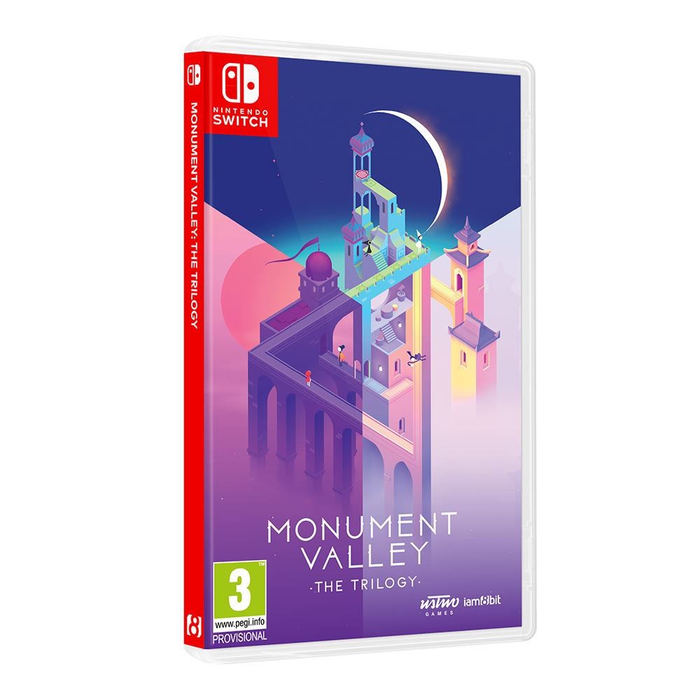 Nintendo Switch game case featuring "Monument Valley: the Trilogy," with a colorful geometric design, including towers and a crescent moon, against a gradient background.