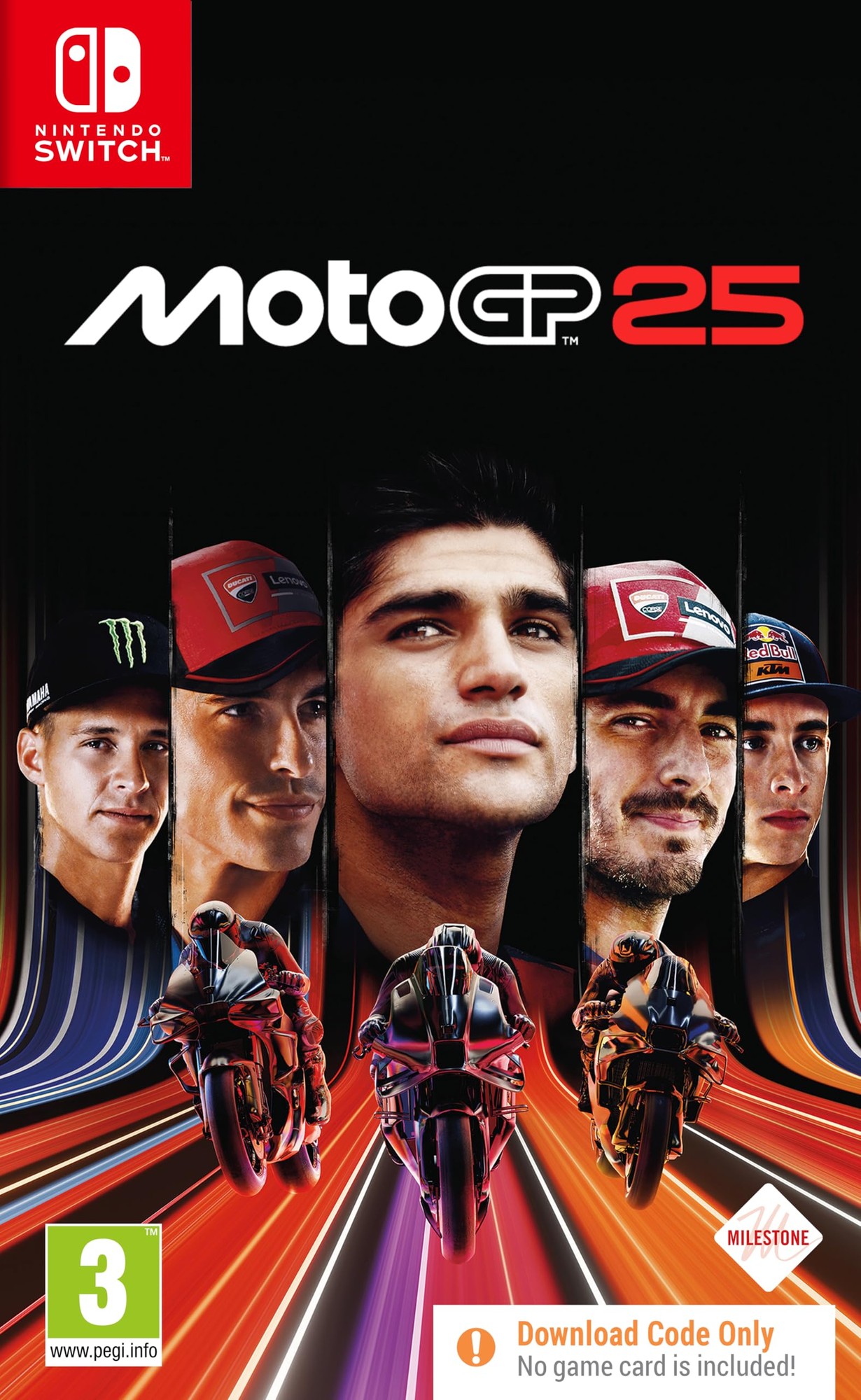 MotoGP 25 cover featuring four racers' faces, vibrant racing bikes, and a colorful background with dynamic lines, labeled for Nintendo Switch and marked "Download Code Only."
