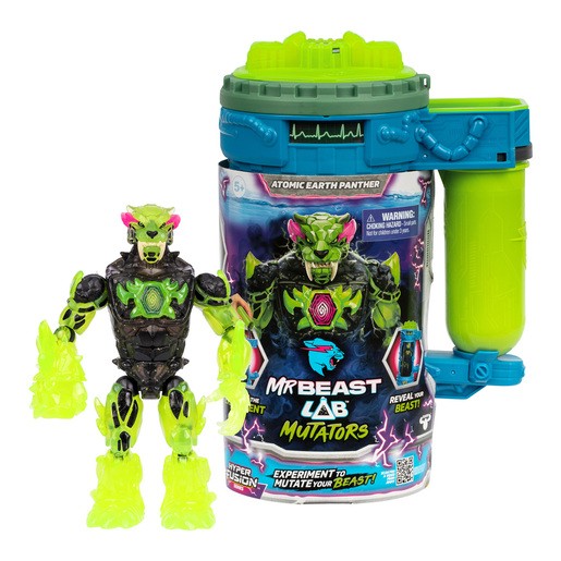 Bright green mutation chamber with a blue handle, featuring a black and green panther figure with glowing accents, set against a colorful packaging design.