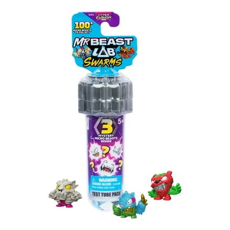 Three colorful, small creature figures in a clear tube packaging, featuring a blue top labeled "Mr Beast Lab Swarms" and a warning label, with vibrant designs in green, gray, and red.