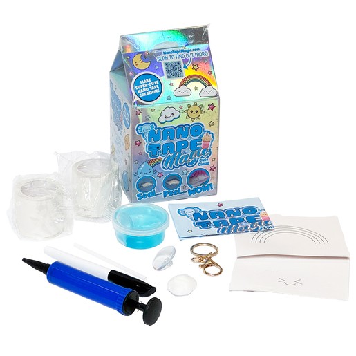 Colorful box containing a mini craft set with various styles, including nano tape rolls, a blue container, pens, stickers, and accessories for creative projects.