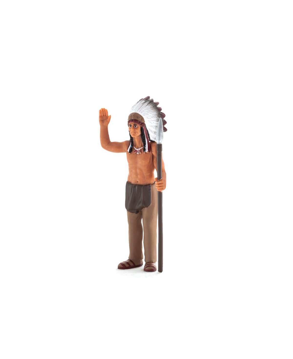Realistic Native American chief figurine with a bare torso, brown pants, and a detailed silver feather headdress, holding a spear and waving.
