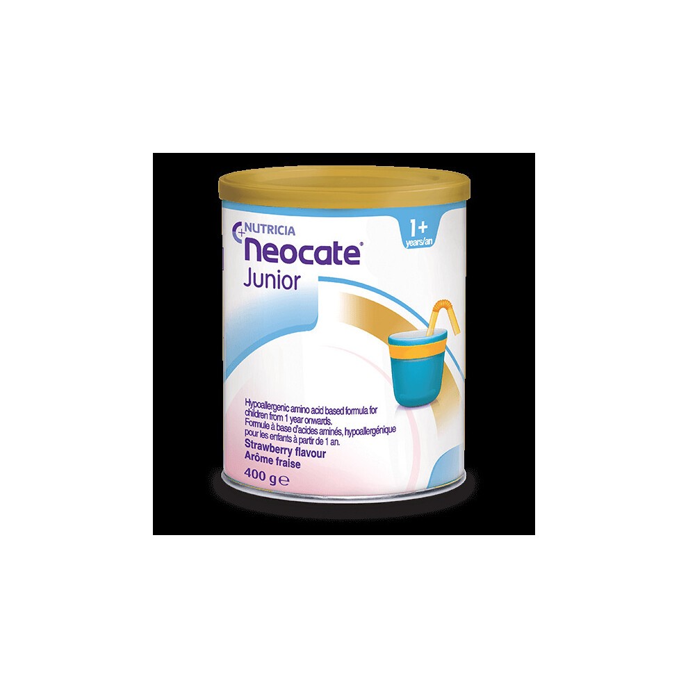 Round, yellow-lidded canister of Neocate Junior Powder Unflavoured, 400g, featuring a blue and white label with the brand name and a straw graphic.