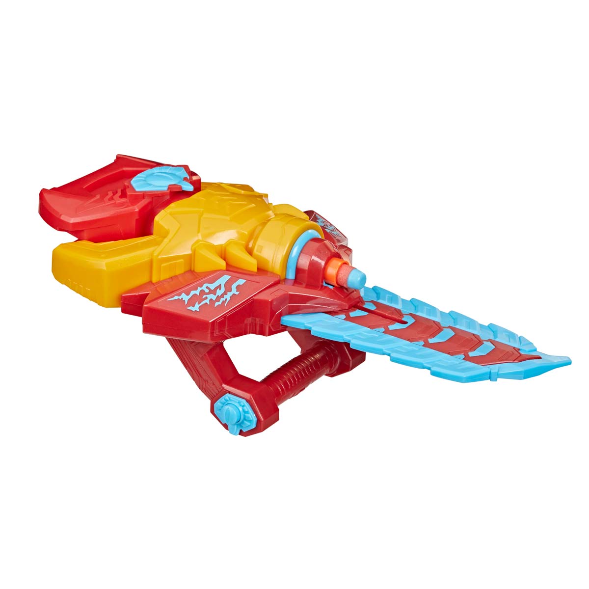 Bright red and yellow Nerf blaster resembling Iron Man's armor, featuring a blue blade attachment and a dart launcher, made from durable plastic with intricate details.