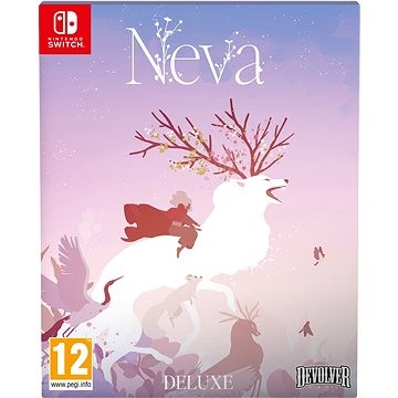 Neva: Devolver Deluxe Edition for Switch features a pastel gradient background with a white deer adorned with branches, accompanied by a silhouette of a character and various animals.