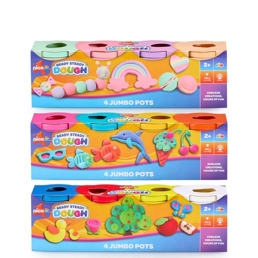 Four colorful jumbo pots of dough in a vibrant box featuring playful designs like rainbows, dolphins, and ice cream, ideal for creative play.