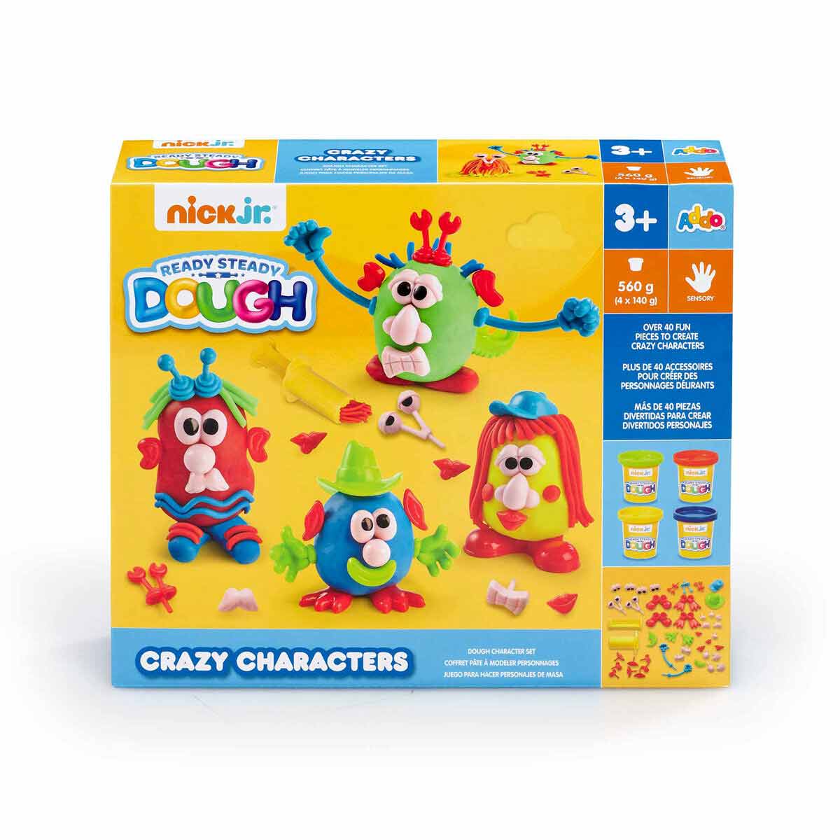 Colorful playset featuring four whimsical characters made of dough, with bright green, red, and blue figures, hats, and accessories, packaged in a vibrant yellow box.
